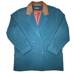 Vintage Lands End Coat Womens 16 Teal Wool Suede Collar Double Breasted USA 90s
